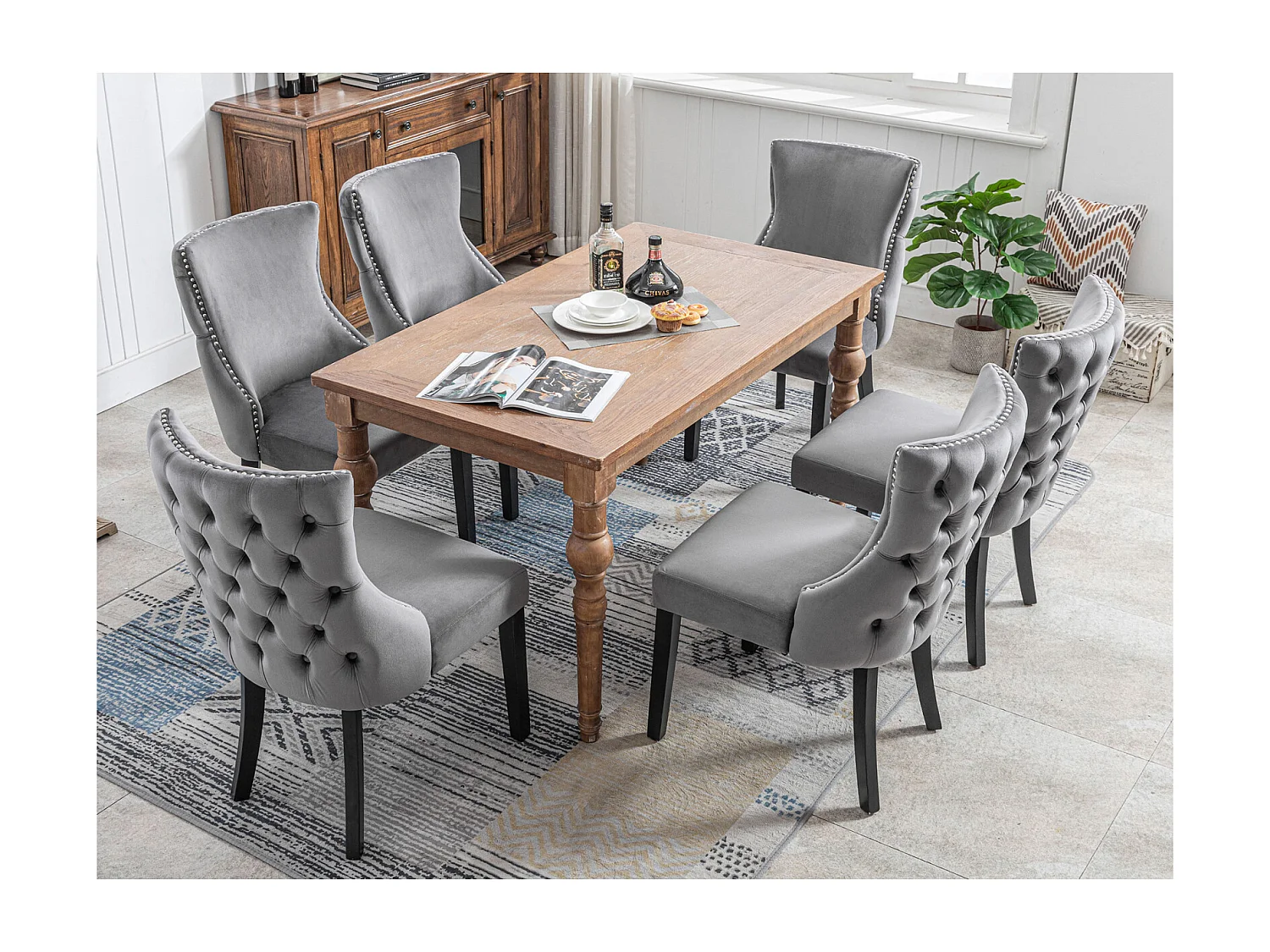 6er-Set Stühle aus grauem Samt – 4-Bein-Stuhl mit Knopfheftung, Massivholzrahmen für Esszimmer – 91 x 50 x 49 cm