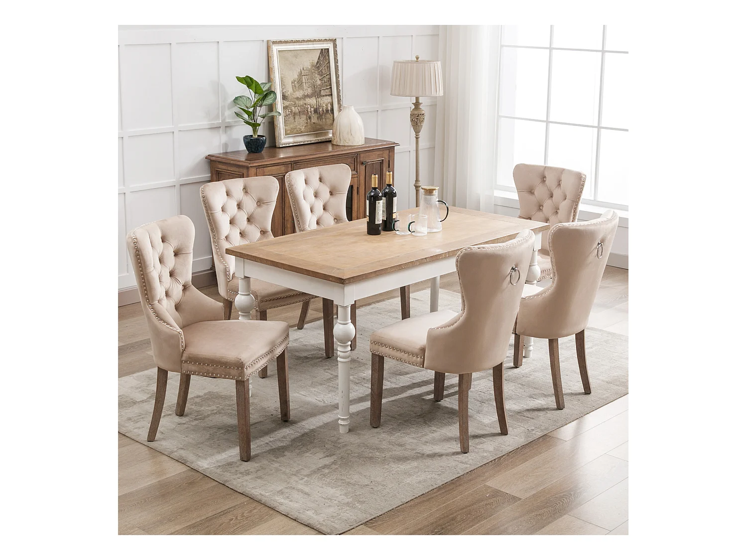Lot de 6 Chaises de salle à manger, cuisine et salon chaise rembourrée pieds en bois massif - 53.5x64x95cm beige