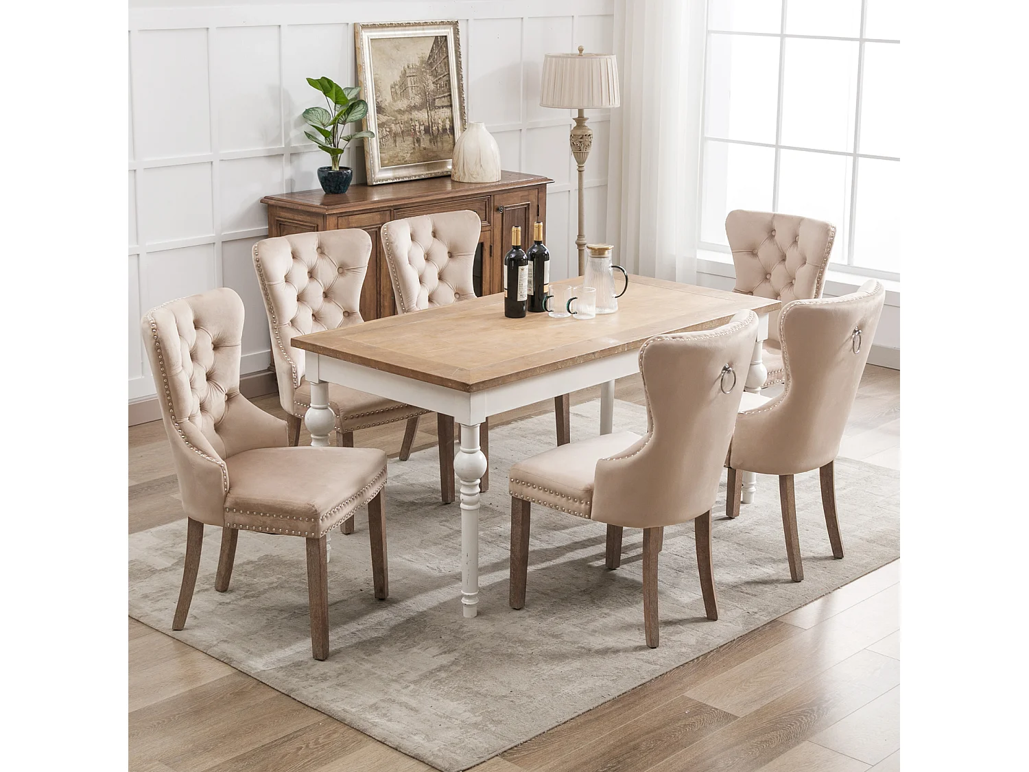 Lot de 6 Chaises de salle à manger, cuisine et salon chaise rembourrée pieds en bois massif - 53.5x64x95cm beige