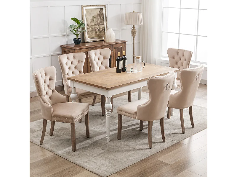 Lot de 6 Chaises de salle à manger, cuisine et salon chaise rembourrée pieds en bois massif - 53.5x64x95cm beige