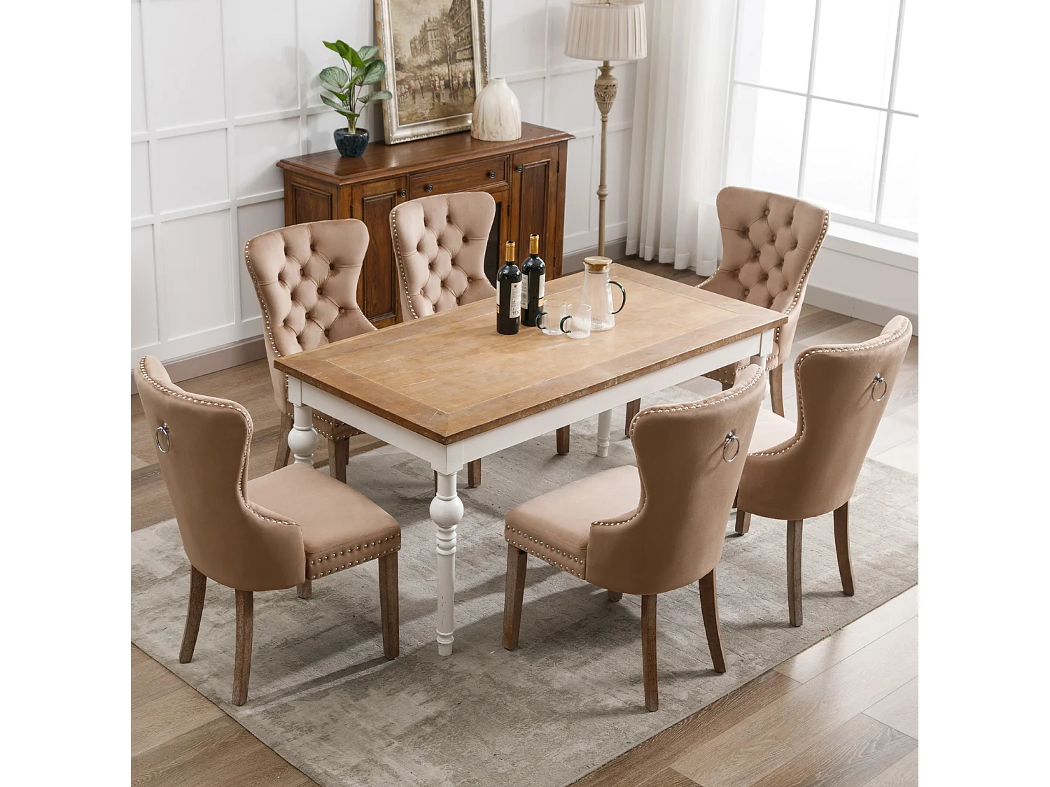 Conjunto de 6 cadeiras para sala de jantar, cozinha e sala de estar Cadeira estofada Pernas em madeira maciça - 53,5x64x95cm Castanho