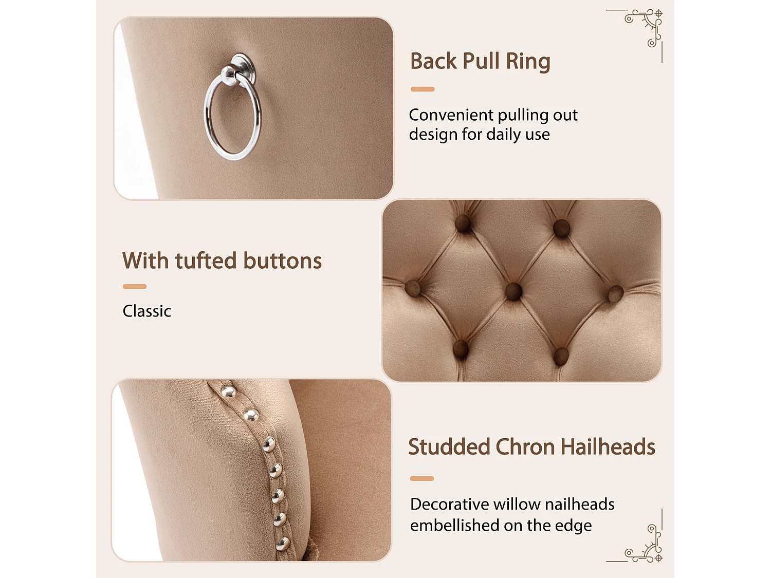 Conjunto de 6 cadeiras para sala de jantar, cozinha e sala de estar Cadeira estofada Pernas em madeira maciça - 53,5x64x95cm Castanho