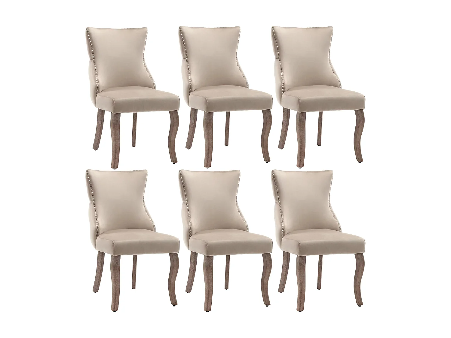 Lot de 6 chaises velours beige - Chaise 4 pieds avec piqûre de bouton structure en bois massif pour salle à manger - 91x50x49cm