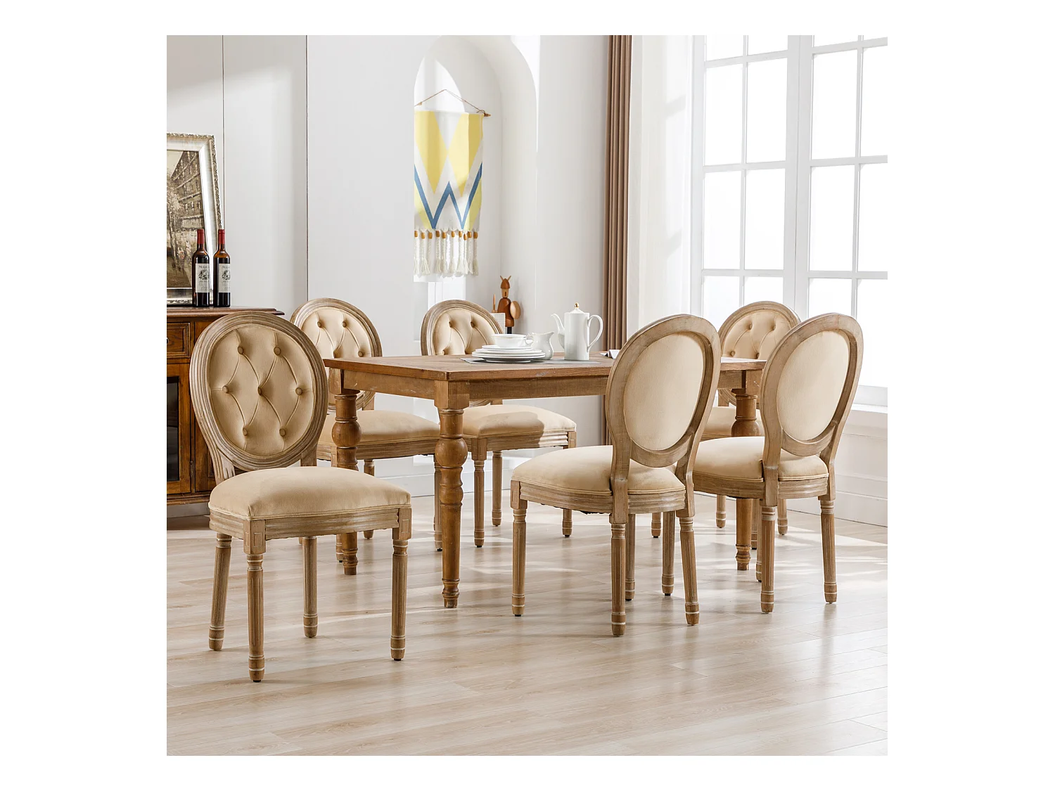 Set van 6 Medallion stoelen, met gecapitonneerde knopen, Louis XVI-stijl, poten van massief hout, zitting van linnen, 95x60x50cm, beige