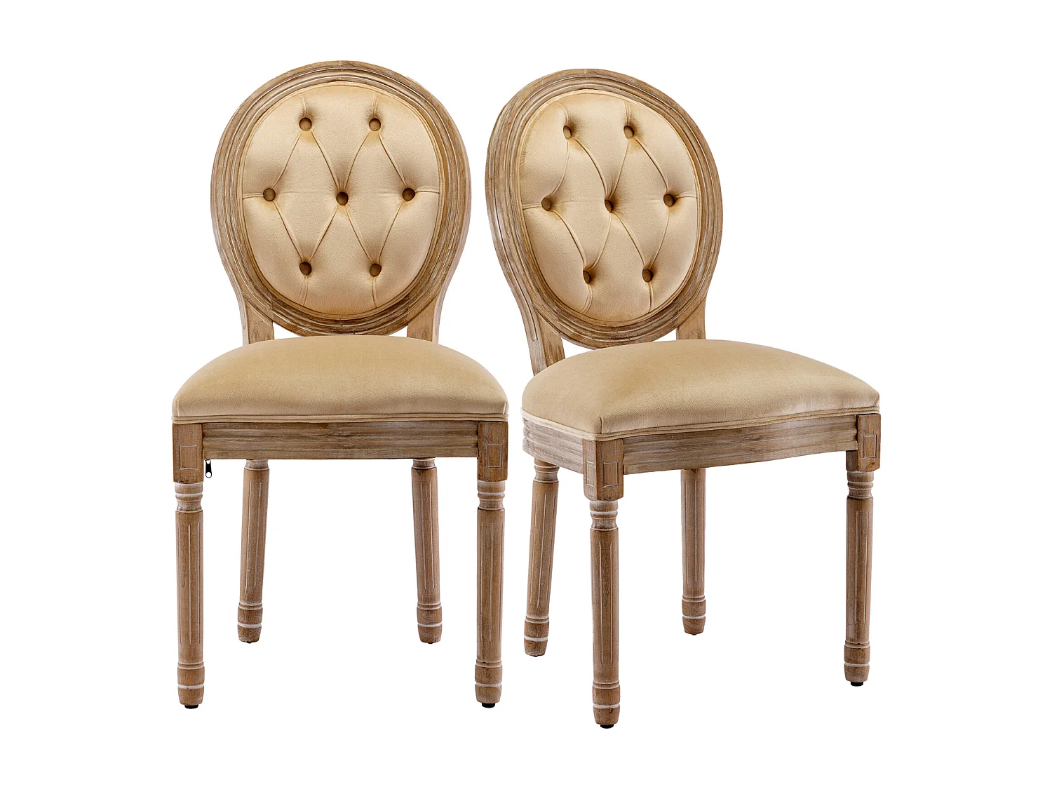 Set van 6 Medallion stoelen, met gecapitonneerde knopen, Louis XVI-stijl, poten van massief hout, zitting van linnen, 95x60x50cm, beige