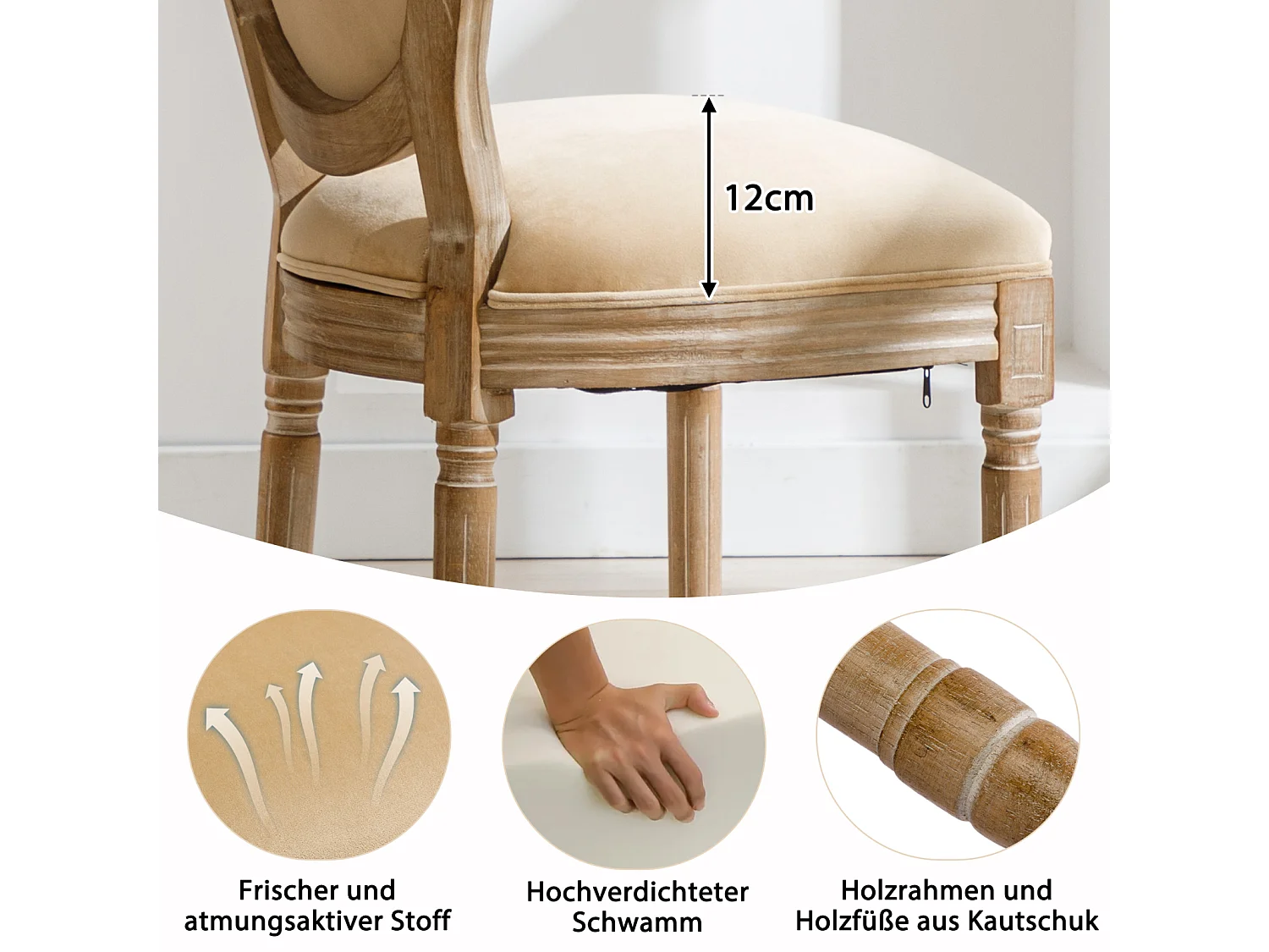 Set van 6 Medallion stoelen, met gecapitonneerde knopen, Louis XVI-stijl, poten van massief hout, zitting van linnen, 95x60x50cm, beige