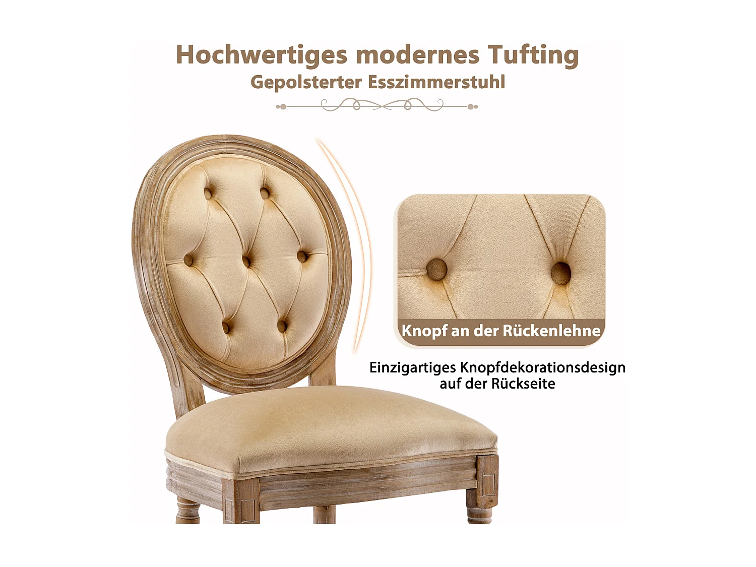 Set van 6 Medallion stoelen, met gecapitonneerde knopen, Louis XVI-stijl, poten van massief hout, zitting van linnen, 95x60x50cm, beige