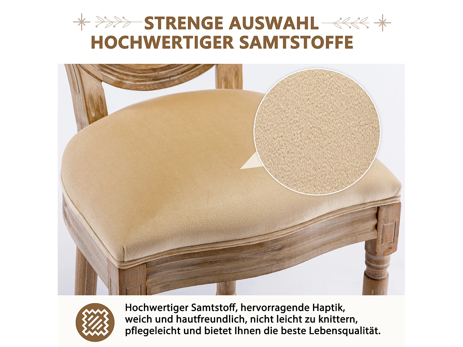 Set van 6 Medallion stoelen, met gecapitonneerde knopen, Louis XVI-stijl, poten van massief hout, zitting van linnen, 95x60x50cm, beige