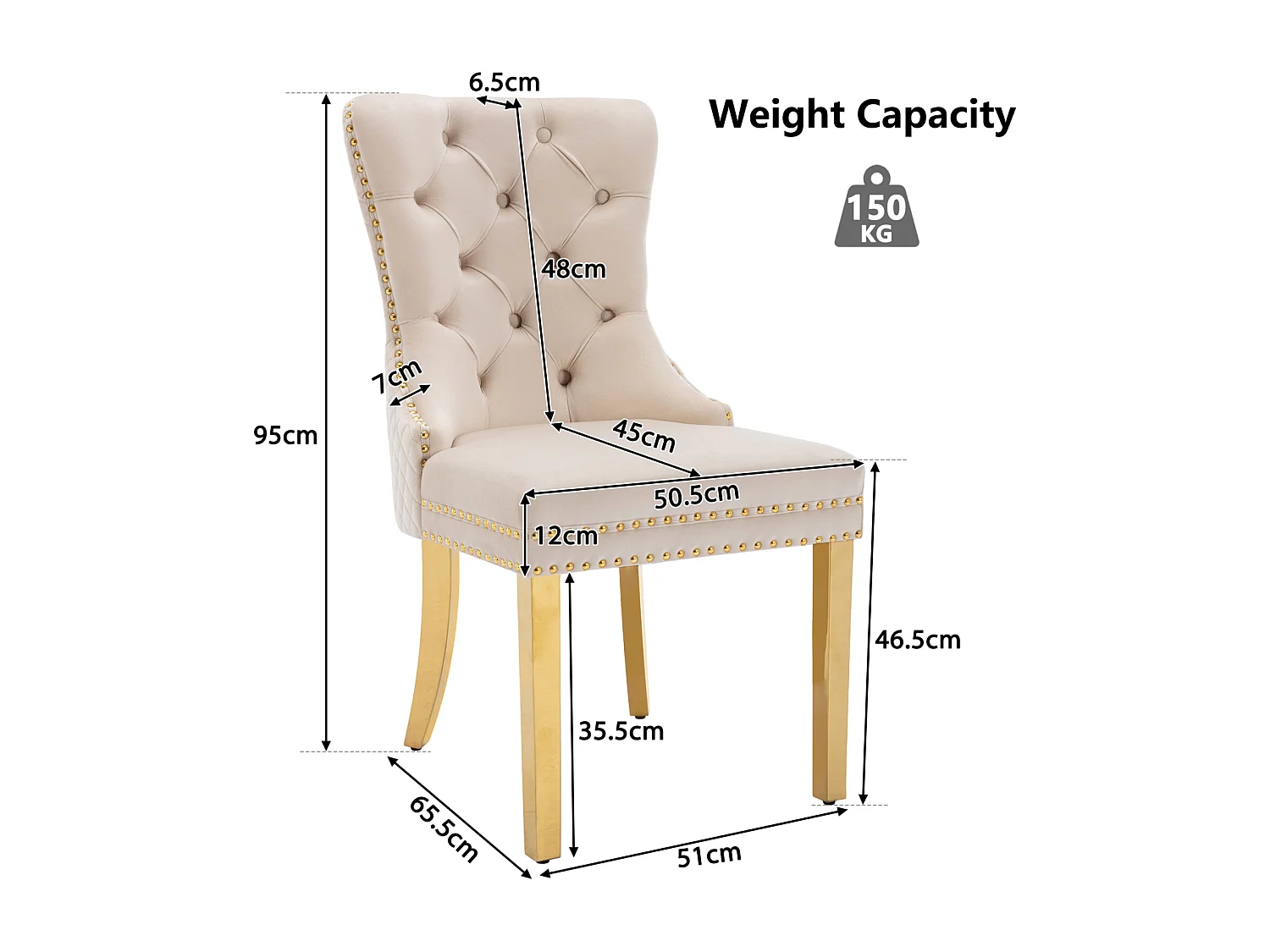 Set di 2 sedie da pranzo, Haise imbottite con finiture a borchie, gambe di supporto in acciaio inossidabile dorato, rivestimento in velluto, 45x50,5x95 cm, beige