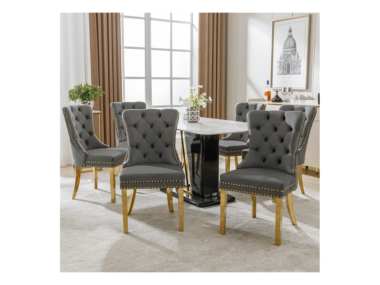 Set van 6 eetkamerstoelen, gestoffeerde Haise met spijkerkopafwerking, gouden roestvrijstalen steunpoten, fluwelen bekleding, 45x50,5x95cm, grijs