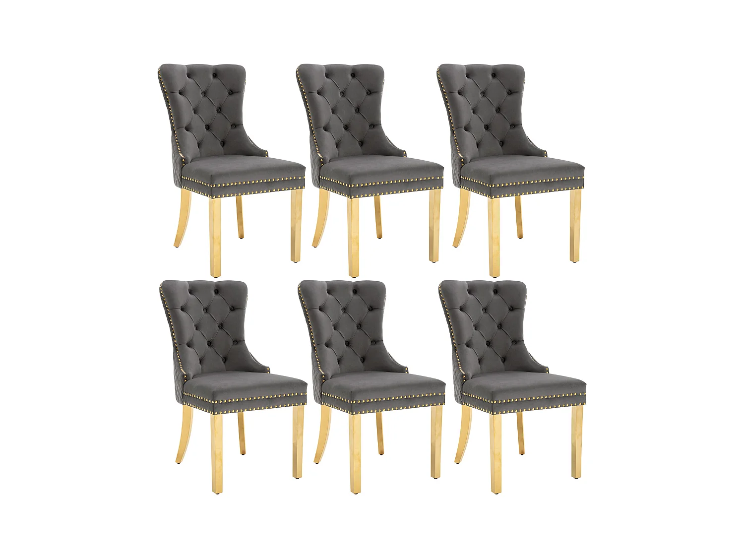 Set van 6 eetkamerstoelen, gestoffeerde Haise met spijkerkopafwerking, gouden roestvrijstalen steunpoten, fluwelen bekleding, 45x50,5x95cm, grijs