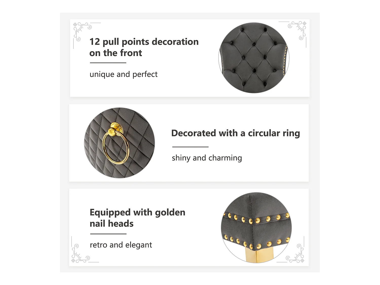 Set van 6 eetkamerstoelen, gestoffeerde Haise met spijkerkopafwerking, gouden roestvrijstalen steunpoten, fluwelen bekleding, 45x50,5x95cm, grijs