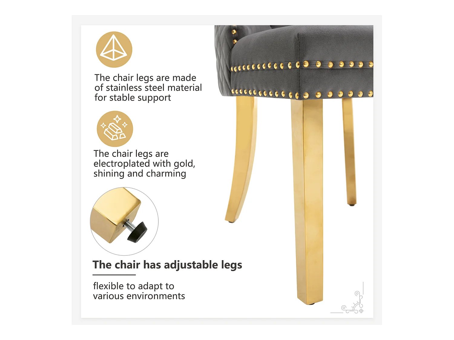 Set van 6 eetkamerstoelen, gestoffeerde Haise met spijkerkopafwerking, gouden roestvrijstalen steunpoten, fluwelen bekleding, 45x50,5x95cm, grijs