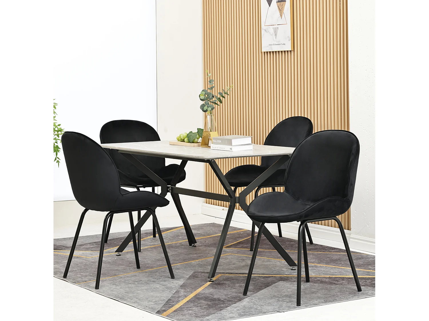 Juego de 4 sillas de comedor - respaldo redondo, asiento de terciopelo, estructura de metal, pata dorada - para cocina, sala de estar - negro