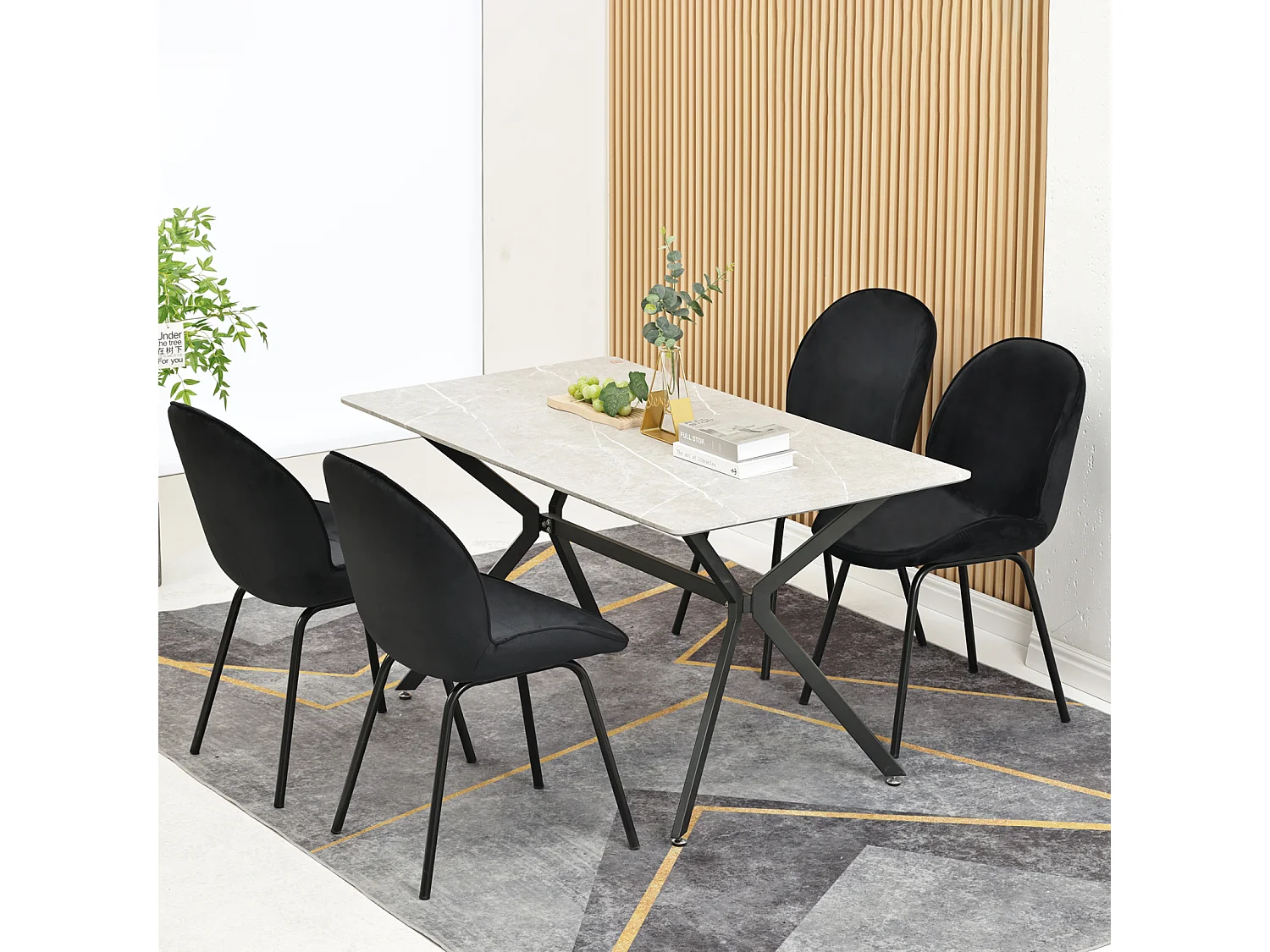 Juego de 4 sillas de comedor - respaldo redondo, asiento de terciopelo, estructura de metal, pata dorada - para cocina, sala de estar - negro