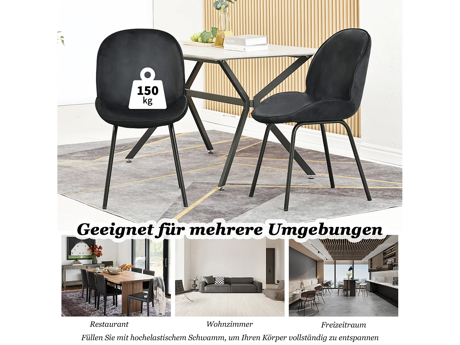 Juego de 4 sillas de comedor - respaldo redondo, asiento de terciopelo, estructura de metal, pata dorada - para cocina, sala de estar - negro