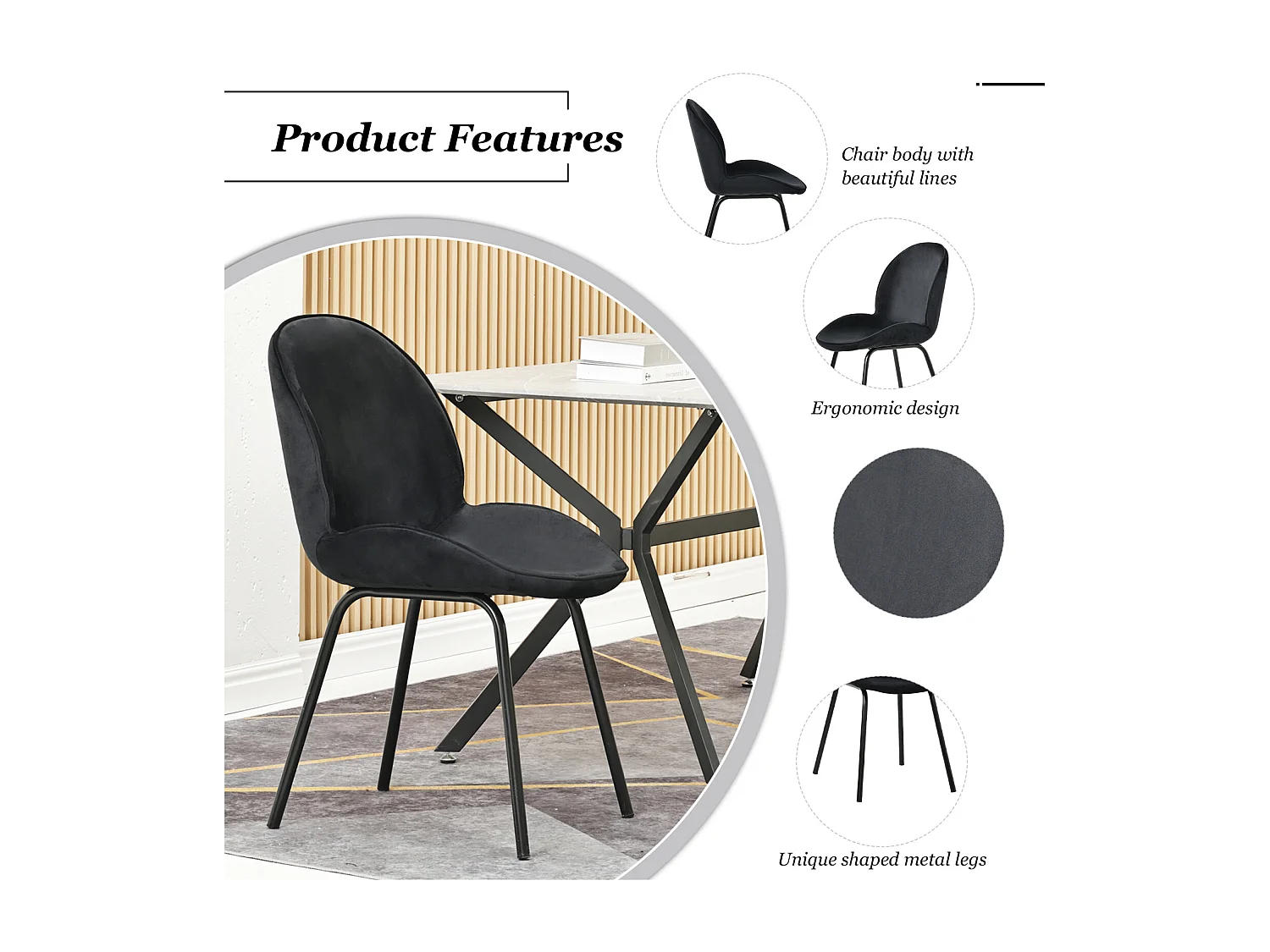 Juego de 4 sillas de comedor - respaldo redondo, asiento de terciopelo, estructura de metal, pata dorada - para cocina, sala de estar - negro