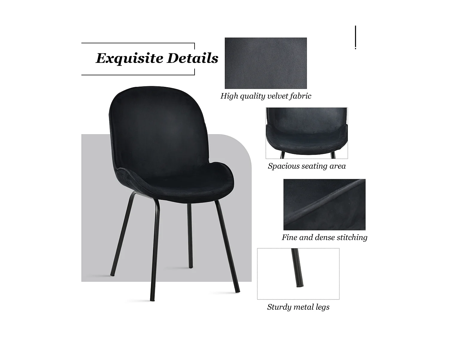 Juego de 4 sillas de comedor - respaldo redondo, asiento de terciopelo, estructura de metal, pata dorada - para cocina, sala de estar - negro
