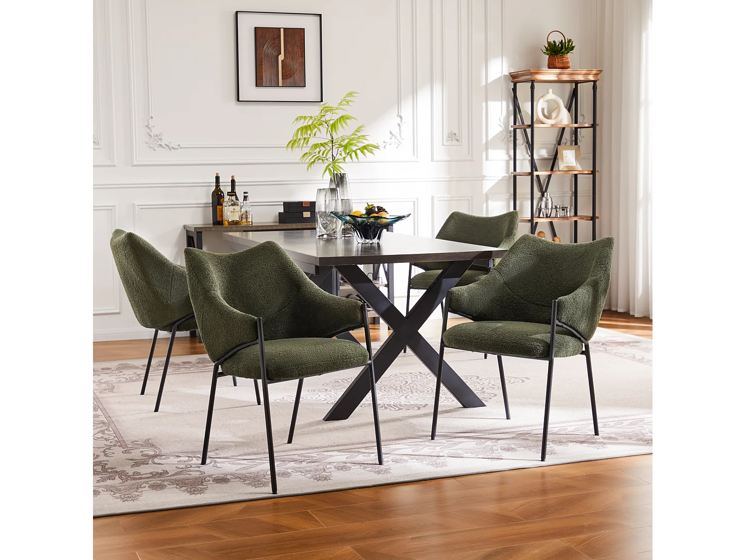 Silla de comedor de 4 piezas, con reposabrazos, tela de felpa de cordero, cojín de asiento grueso, 52,5 x 48 x 83,7 cm, color verde
