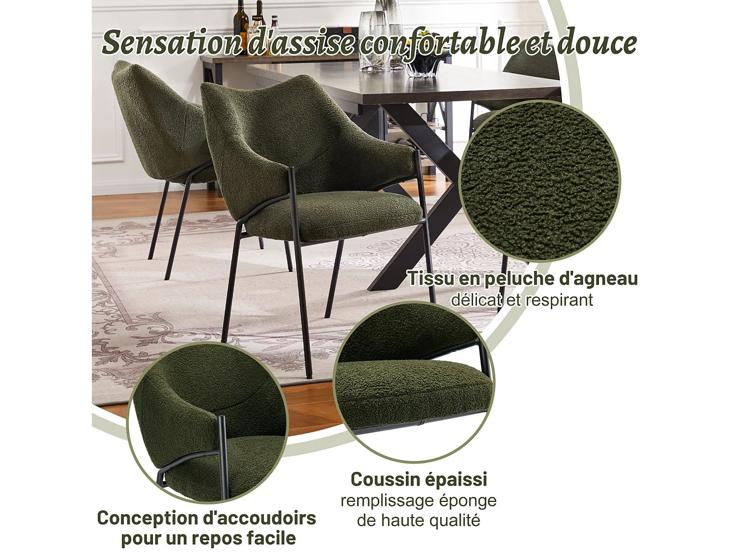 Silla de comedor de 4 piezas, con reposabrazos, tela de felpa de cordero, cojín de asiento grueso, 52,5 x 48 x 83,7 cm, color verde