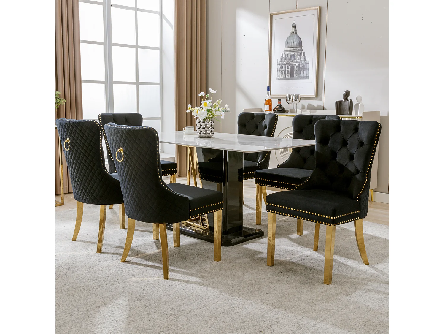 Set di 6 sedie da pranzo, imbottite Haise con finiture a borchie, gambe di supporto in acciaio inossidabile dorato, rivestimento in velluto, 45x50,5x95 cm, nero