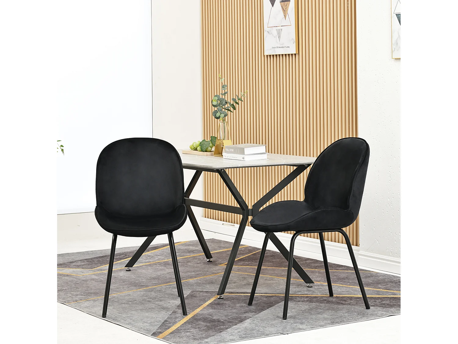Conjunto de 2 cadeiras de jantar - encosto redondo, assento em veludo, estrutura em metal, perna dourada - para cozinha, sala de estar - preto