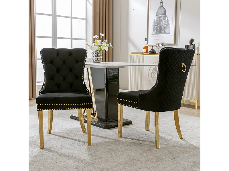 Set di 2 sedie da pranzo, Haise imbottite con finiture a borchie, gambe di supporto in acciaio inossidabile dorato, rivestimento in velluto, 45x50,5x95 cm, nero