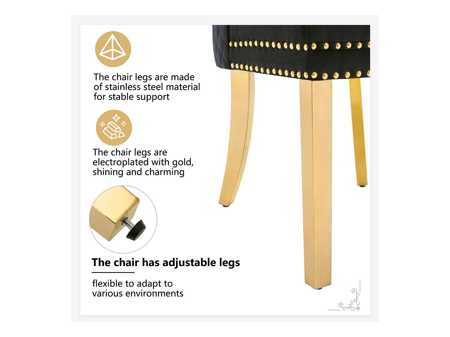 Set van 2 eetkamerstoelen, gestoffeerde Haise met spijkerkopafwerking, gouden roestvrijstalen steunpoten, fluwelen bekleding, 45x50,5x95cm, zwart