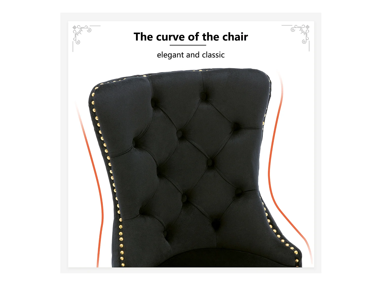 Set van 2 eetkamerstoelen, gestoffeerde Haise met spijkerkopafwerking, gouden roestvrijstalen steunpoten, fluwelen bekleding, 45x50,5x95cm, zwart