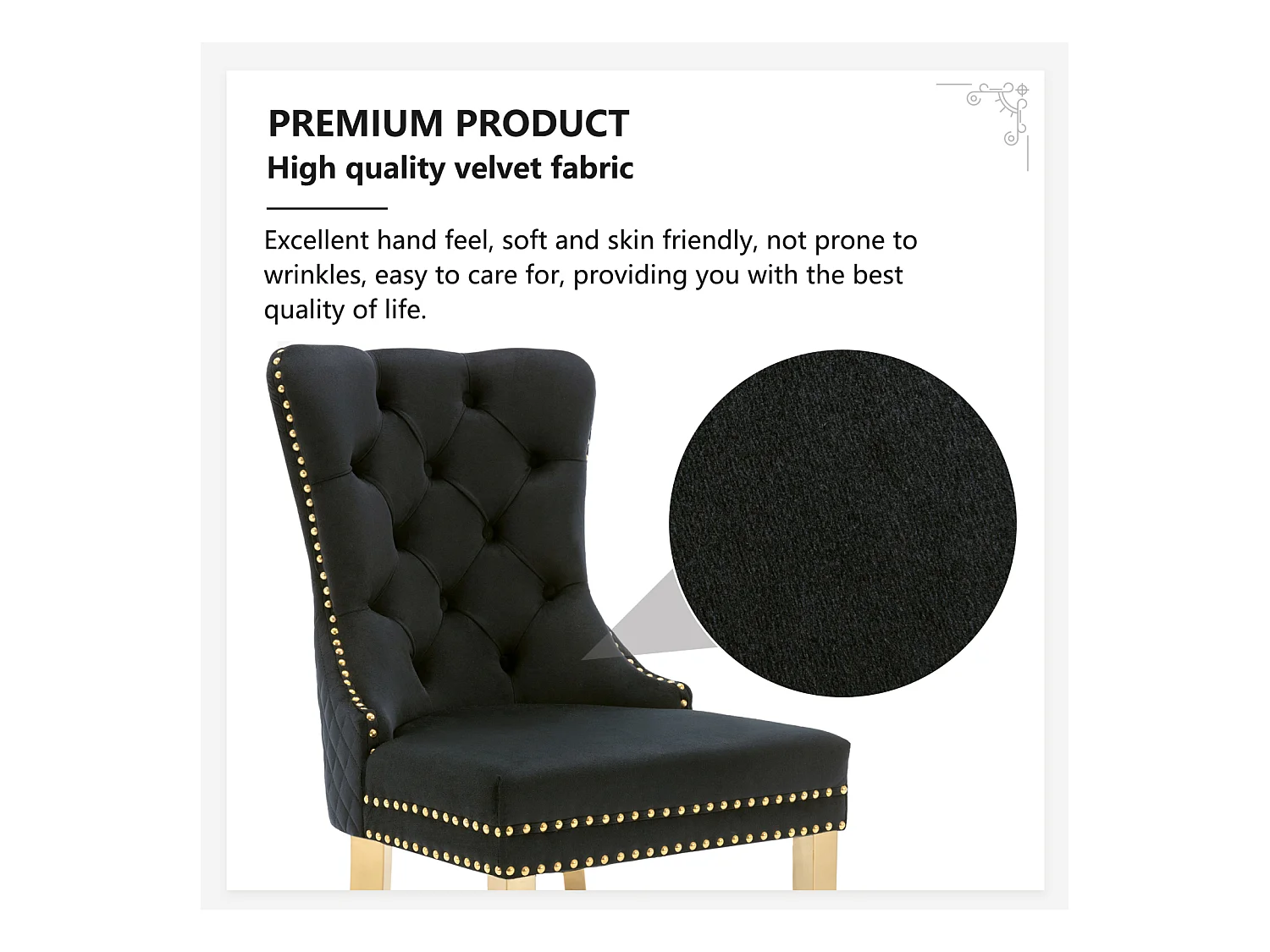 Set van 2 eetkamerstoelen, gestoffeerde Haise met spijkerkopafwerking, gouden roestvrijstalen steunpoten, fluwelen bekleding, 45x50,5x95cm, zwart