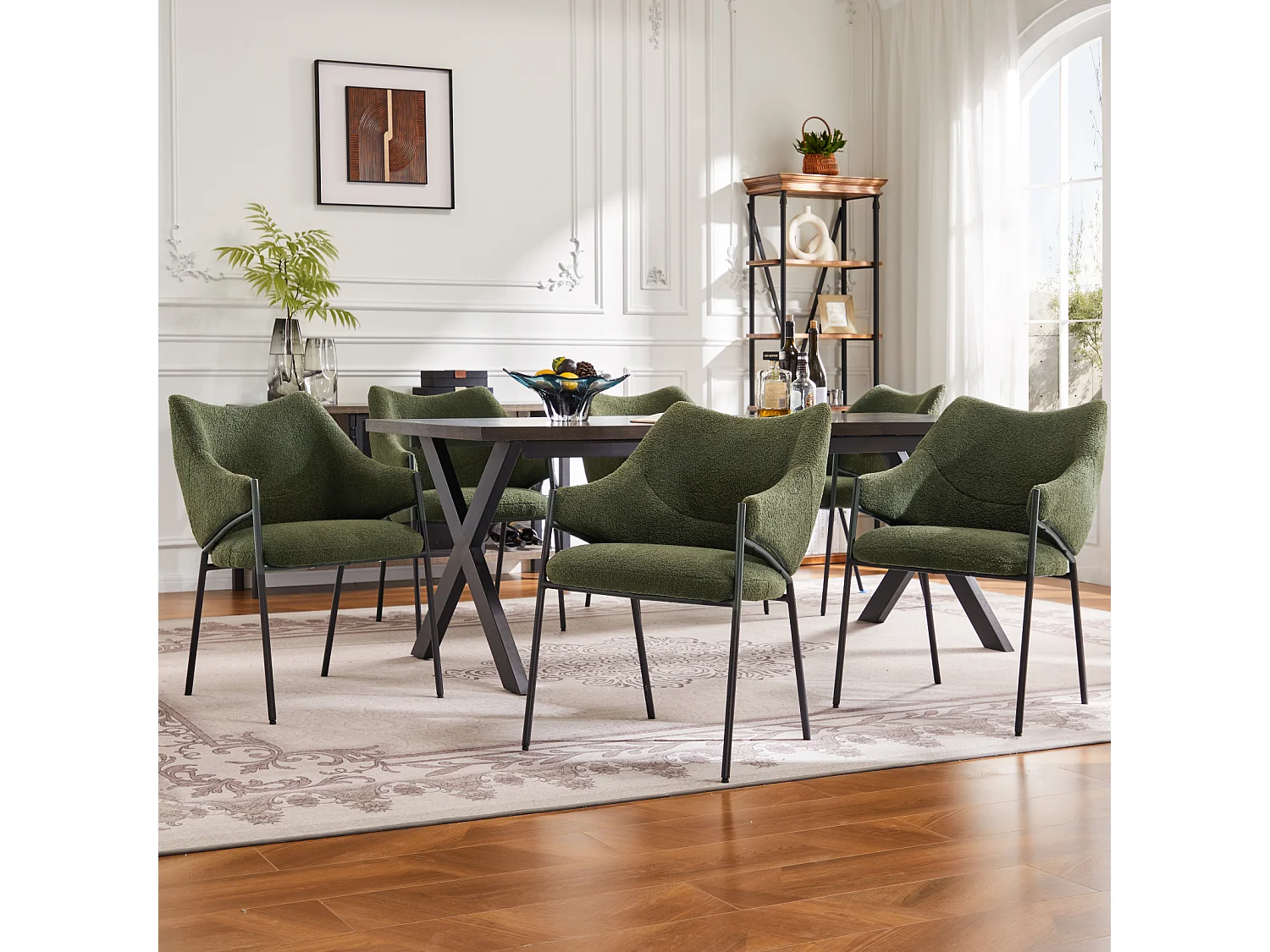 Cadeira de jantar de 6 peças, com braços, tecido de pelúcia de cordeiro, almofada de assento grossa, 52,5 x 48 x 83,7 cm, verde