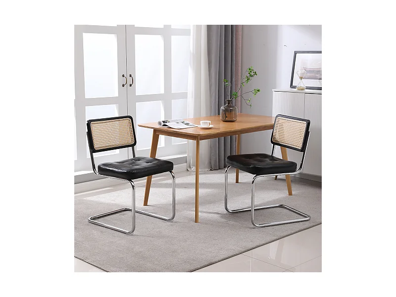 2er-Set Esszimmerstühle im Mid-Century-Stil – Gepolstertes Kunstleder und Rattan – 50 x 61 x 86 cm, Schwarz