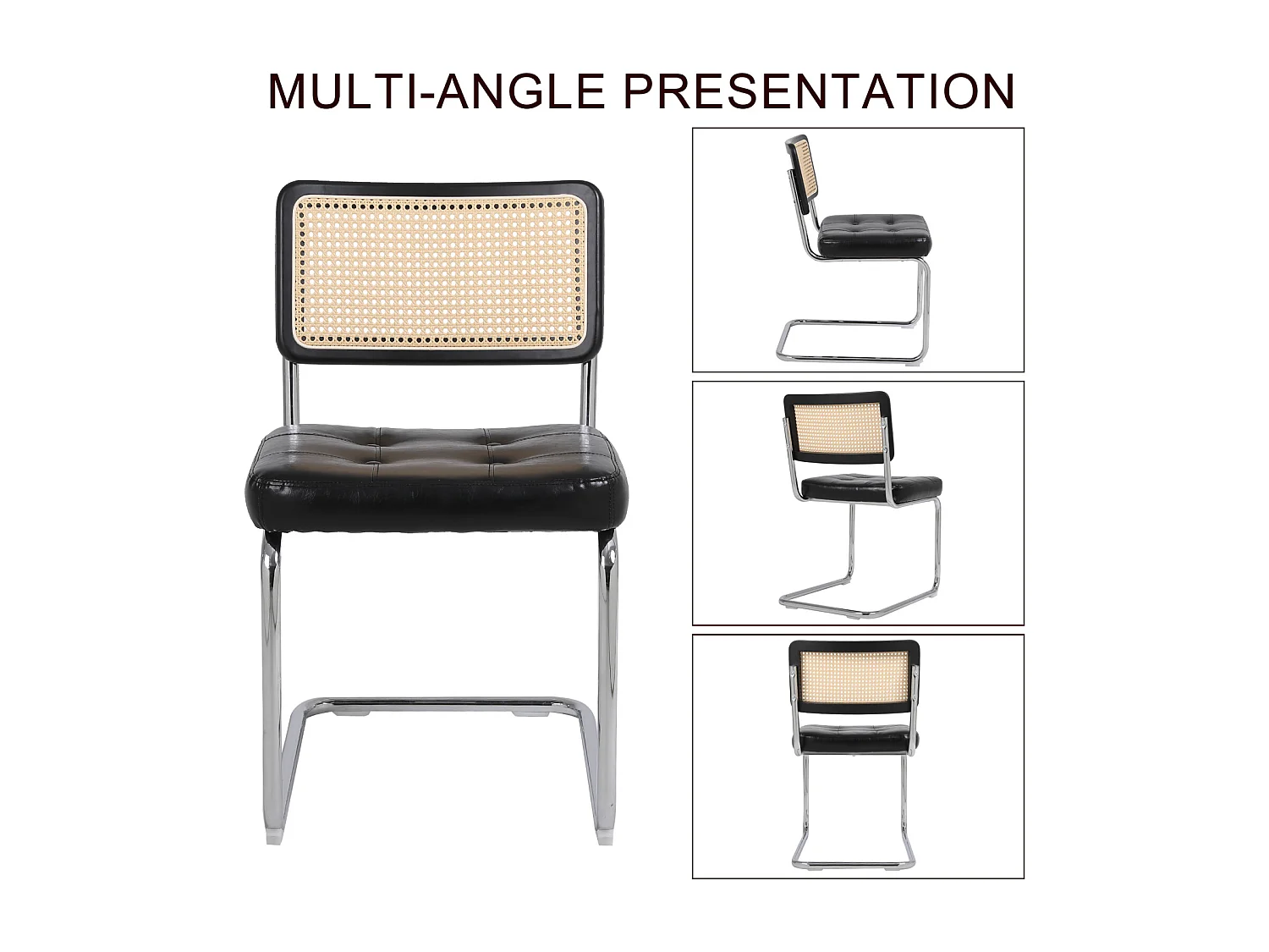 Set van 2 eetkamerstoelen in Mid-Century-stijl - gestoffeerd imitatieleer en rotan - 50x61x86cm, zwart