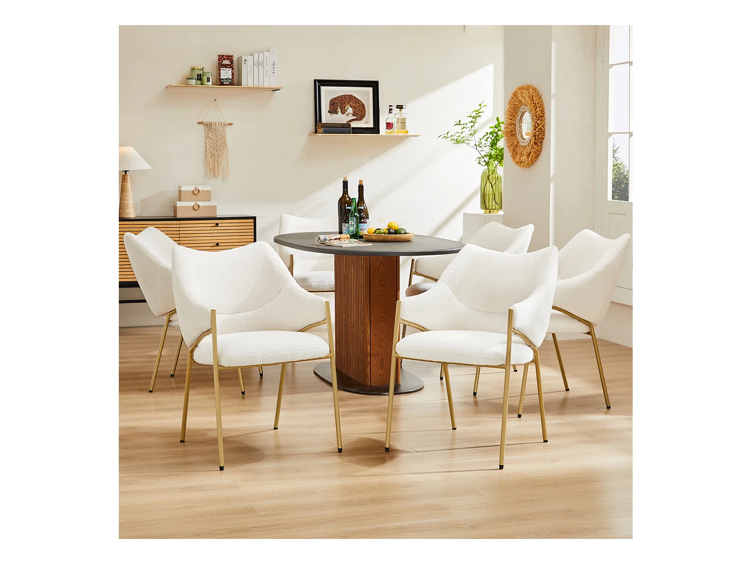 Chaise de salle à manger 6 pc, avec accoudoirs, tissu en peluche d'agneau, coussin de siège épais, 52.5x48x83.7cm beige
