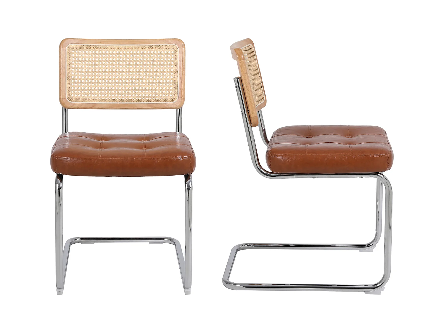 Lot de 2 chaises de salle à manger - style du milieu du siècle - en simili-cuir tapissées et en rotin - 50x61x86cm, marron