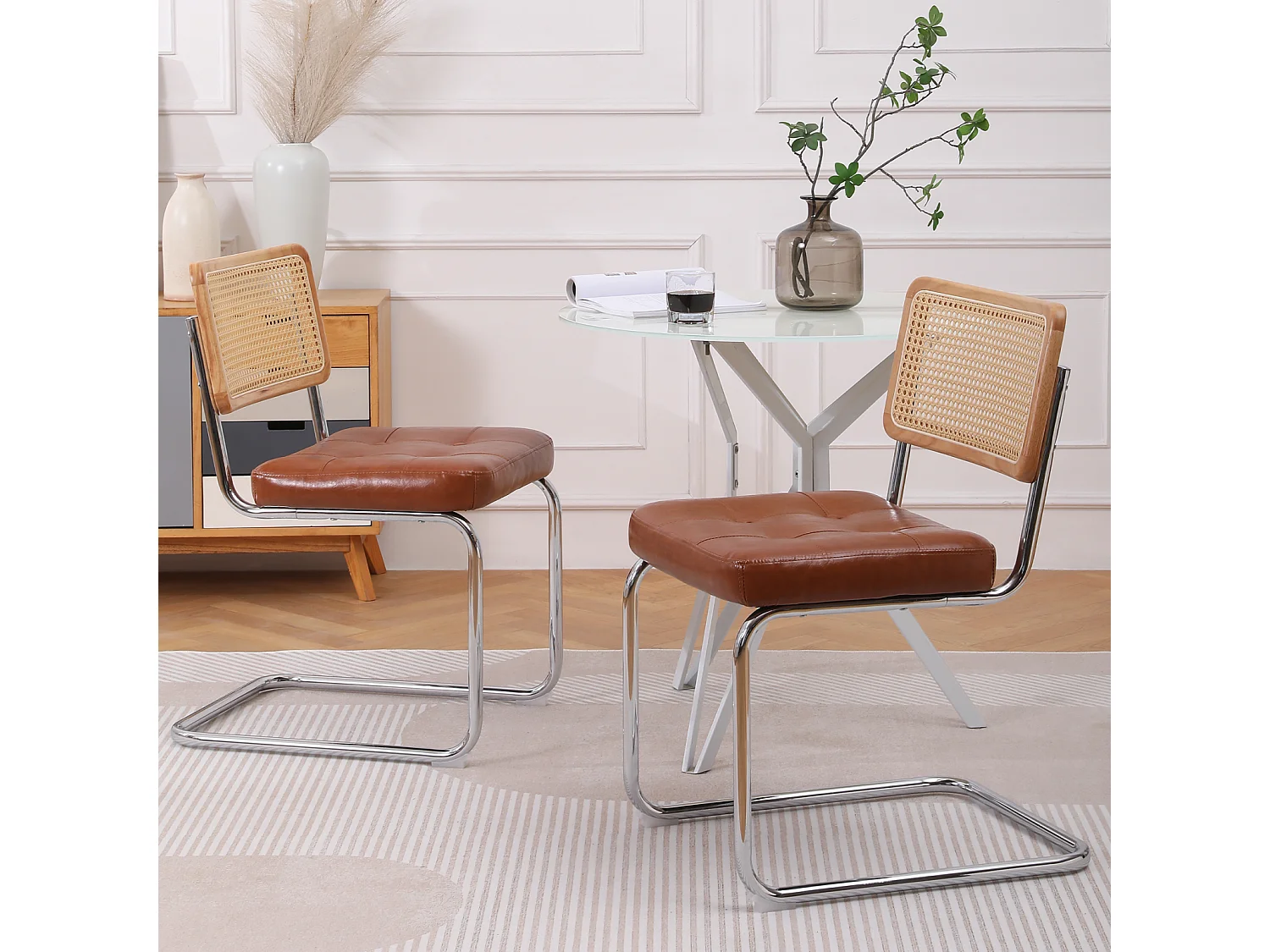 Lot de 2 chaises de salle à manger - style du milieu du siècle - en simili-cuir tapissées et en rotin - 50x61x86cm, marron