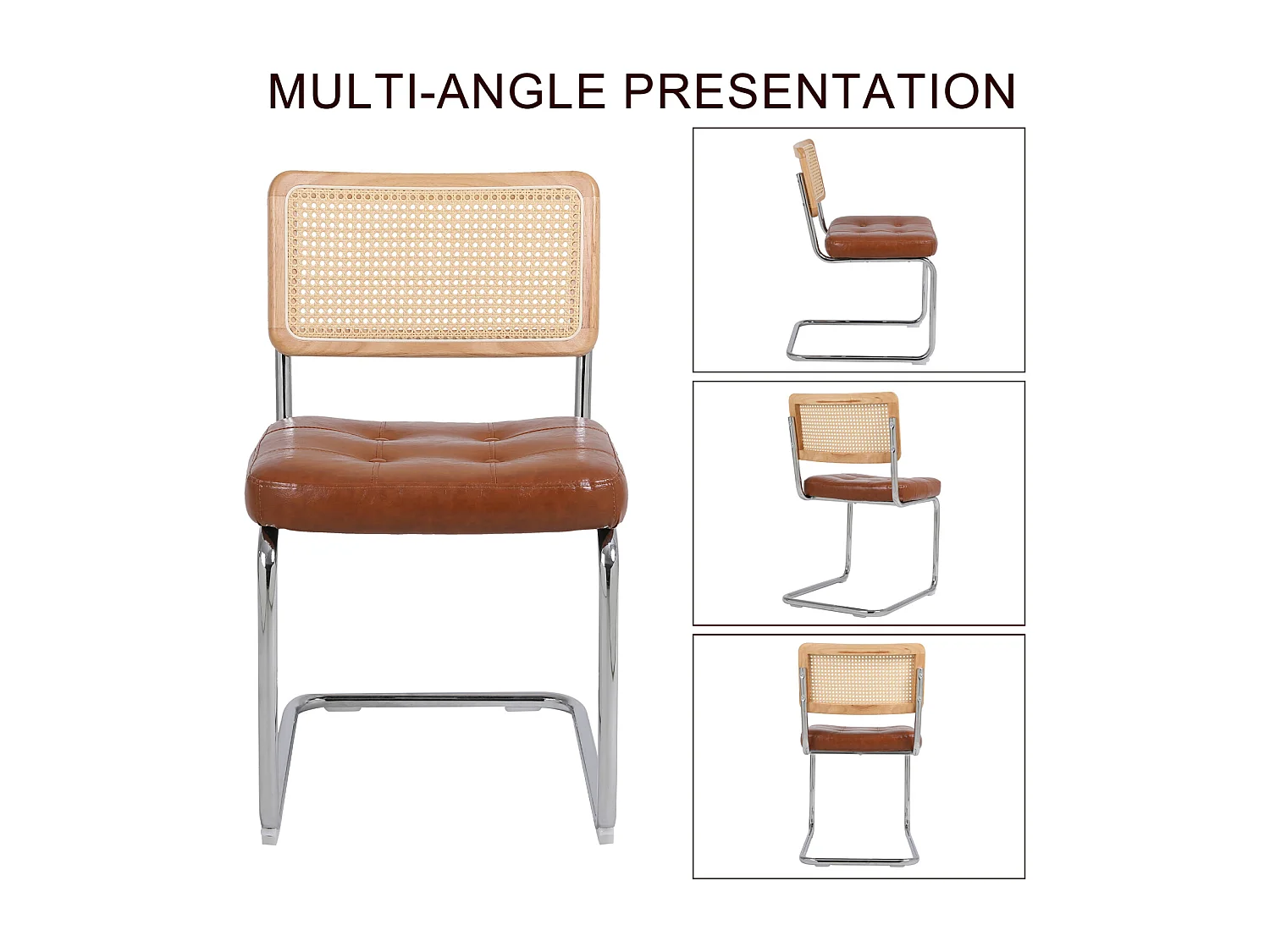 Lot de 2 chaises de salle à manger - style du milieu du siècle - en simili-cuir tapissées et en rotin - 50x61x86cm, marron