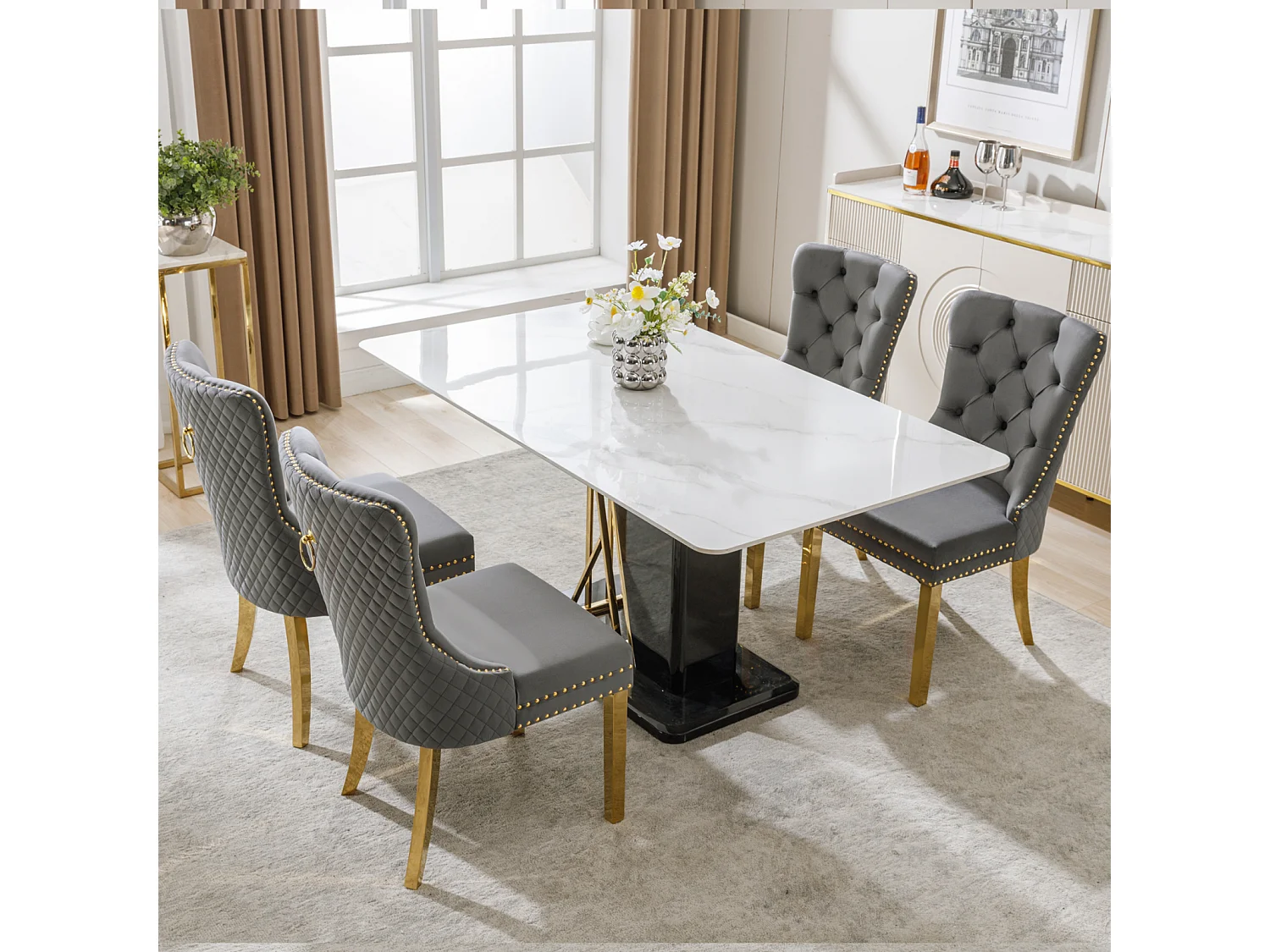 Set van 4 eetkamerstoelen, gestoffeerde Haise met spijkerkopafwerking, gouden roestvrijstalen steunpoten, fluwelen bekleding, 45x50,5x95cm, grijs