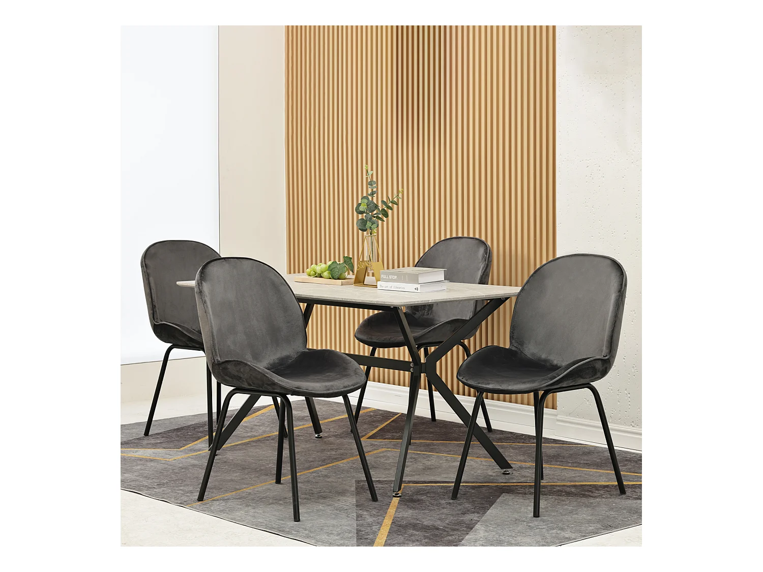 Set van 4 eetkamerstoelen - ronde rugleuning, fluwelen zitting, metalen frame, gouden poten - voor keuken, woonkamer - grijs