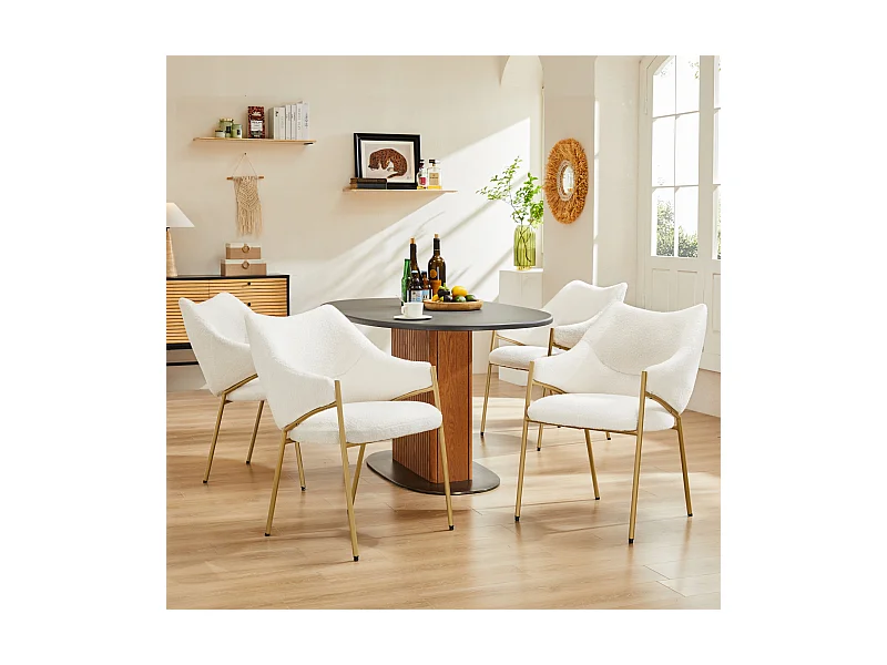 4-tlg. Esszimmerstuhl, mit Armlehnen, Lammplüschstoff, dickes Sitzkissen, 52,5x48x83,7cm, Beige