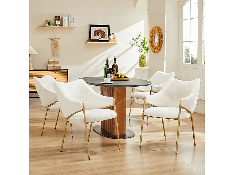 4-delige eetkamerstoel, met armleuningen, lamsbontstof, dik zitkussen, 52,5 x 48 x 83,7 cm beige