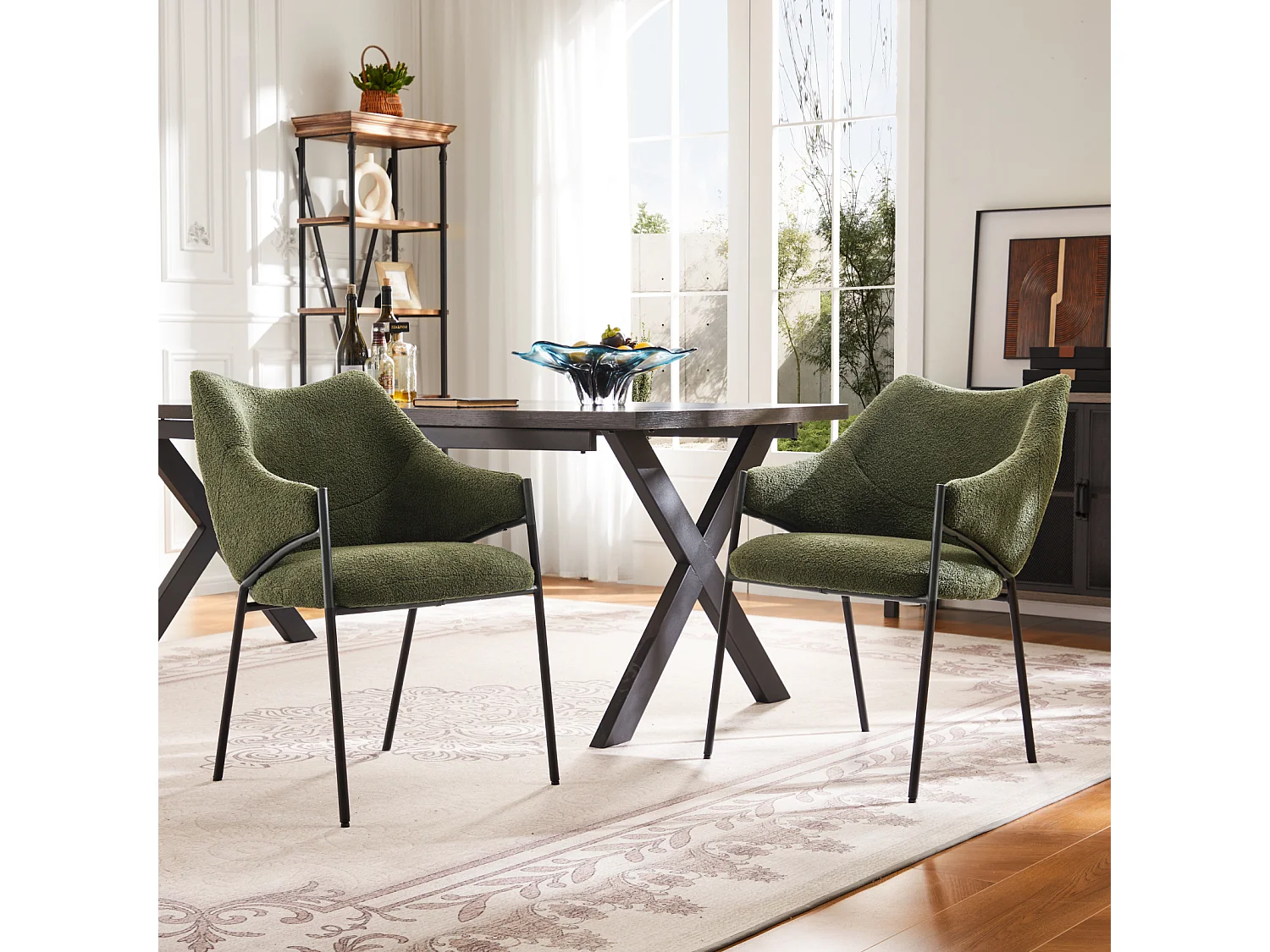 Cadeira de jantar 2 peças, com braços, tecido de pelúcia de cordeiro, almofada de assento grossa, 52,5 x 48 x 83,7 cm, verde