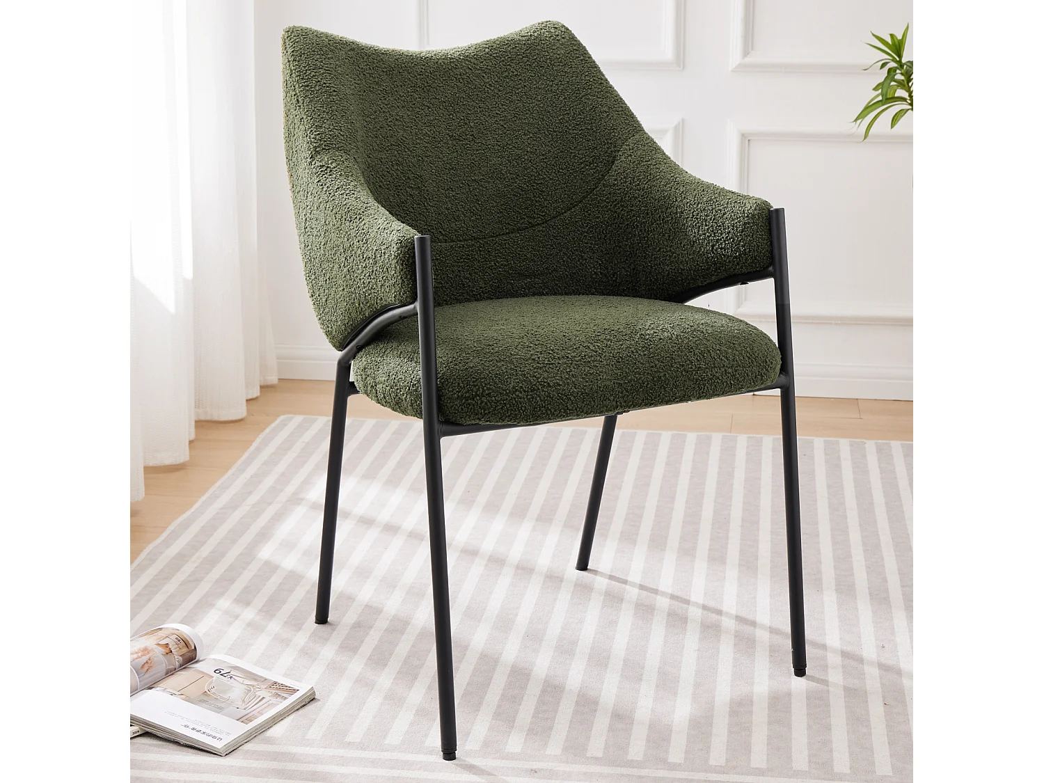 Cadeira de jantar 2 peças, com braços, tecido de pelúcia de cordeiro, almofada de assento grossa, 52,5 x 48 x 83,7 cm, verde