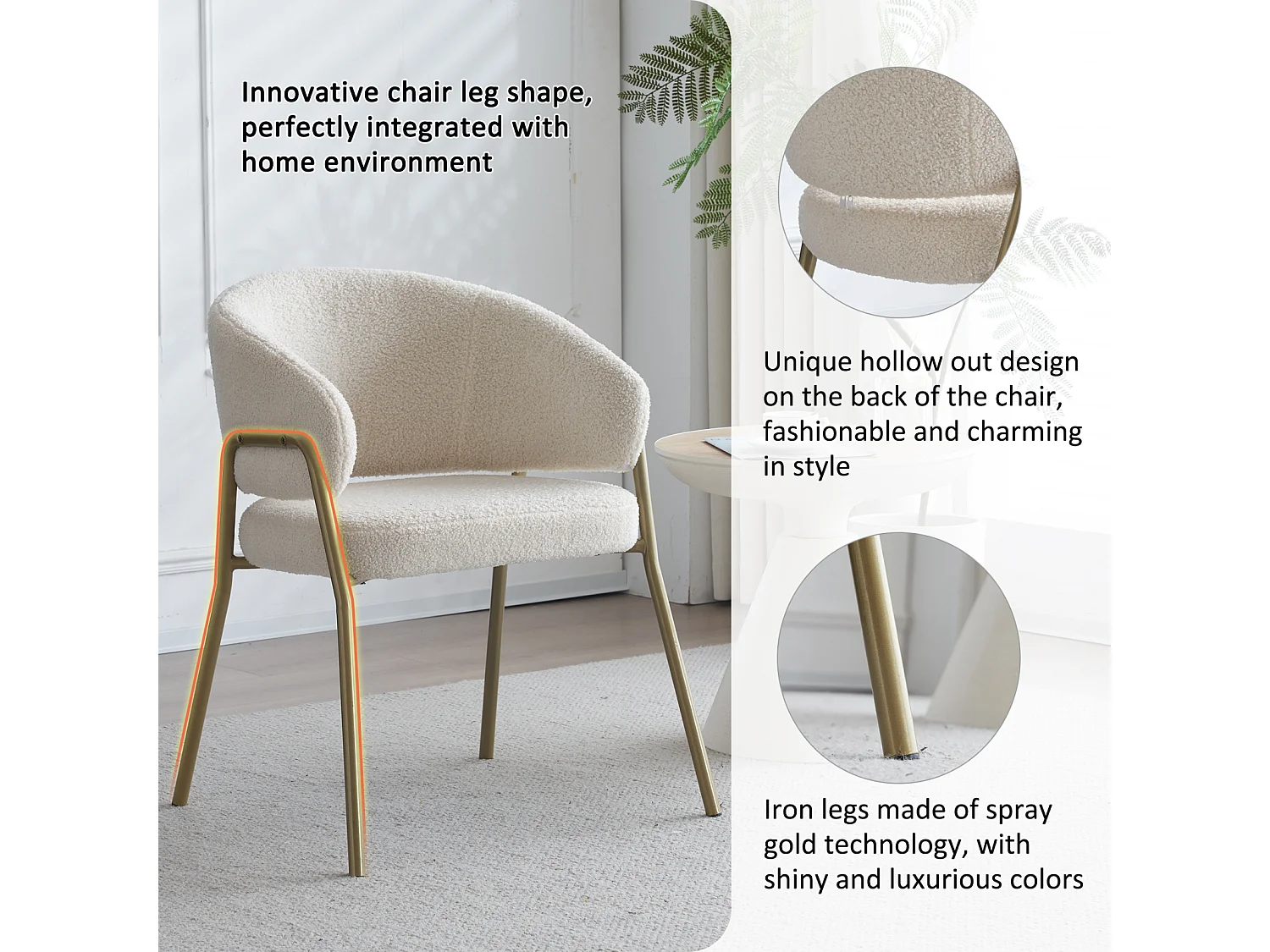 Conjunto de 6 cadeiras de jantar modernas em veludo de pele de cordeiro Spraygold com acabamento dourado (1 peça), com pernas douradas 49x18x78cm branco