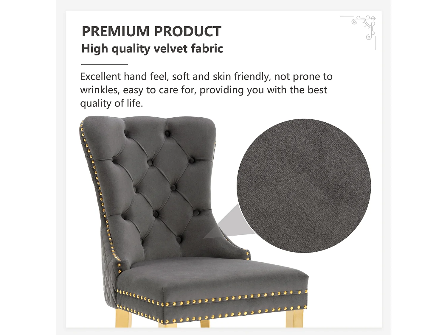 Set van 2 eetkamerstoelen, gestoffeerde Haise met spijkerkopafwerking, gouden roestvrijstalen steunpoten, fluwelen bekleding, 45x50,5x95cm, grijs