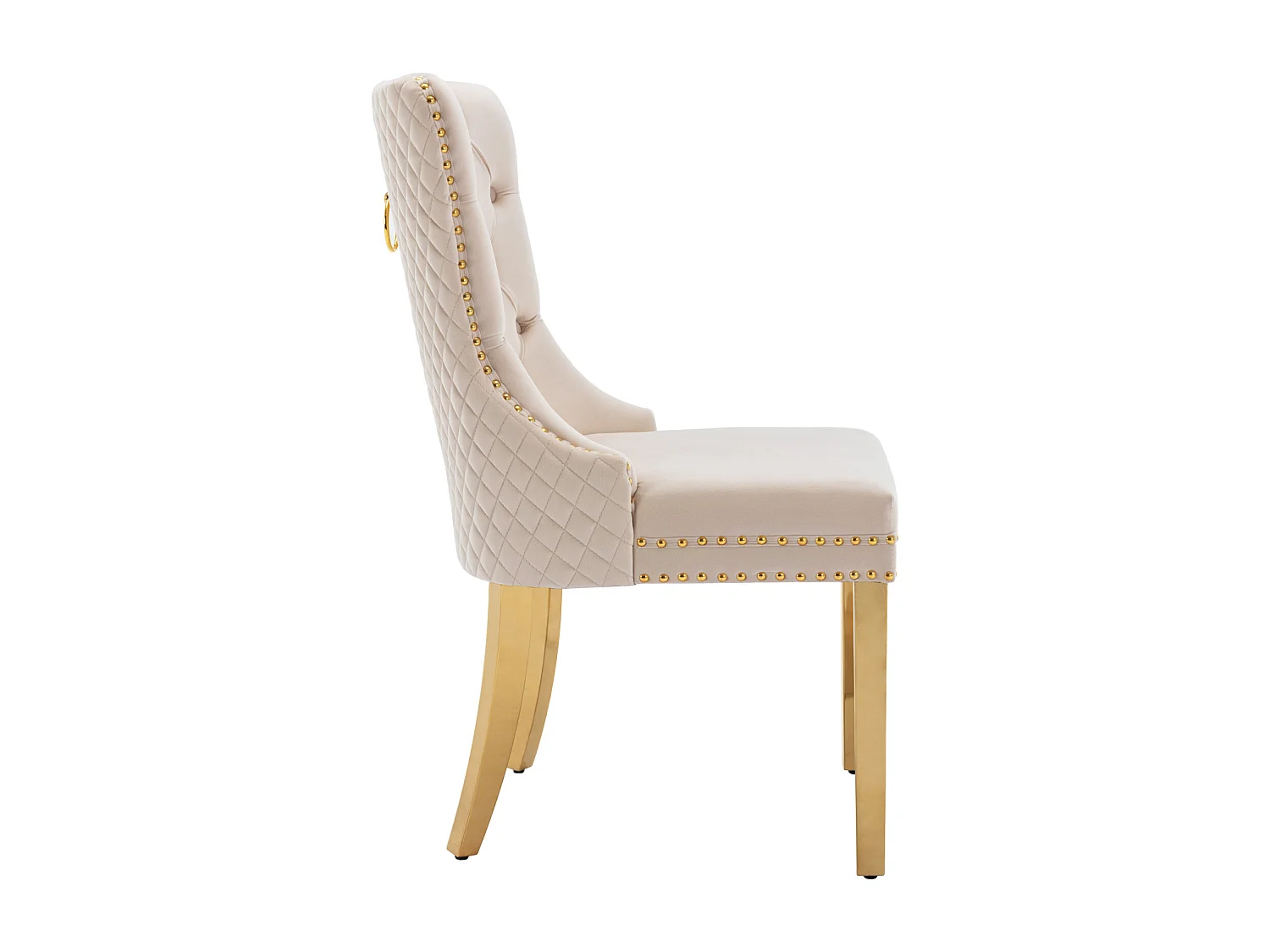 Set van 6 eetkamerstoelen, gestoffeerde Haise met spijkerkopafwerking, gouden roestvrijstalen steunpoten, fluwelen bekleding, 45x50,5x95cm, beige