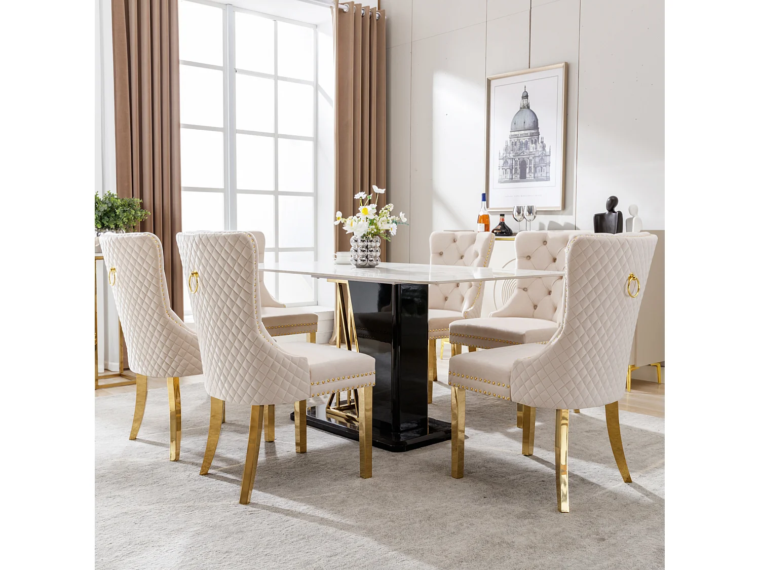 Set di 6 sedie da pranzo, Haise imbottite con finiture a borchie, gambe di supporto in acciaio inossidabile dorato, rivestimento in velluto, 45x50,5x95 cm, beige