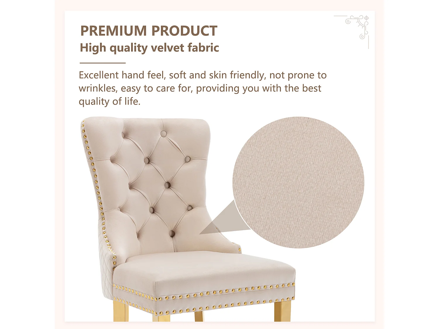 Set di 6 sedie da pranzo, Haise imbottite con finiture a borchie, gambe di supporto in acciaio inossidabile dorato, rivestimento in velluto, 45x50,5x95 cm, beige