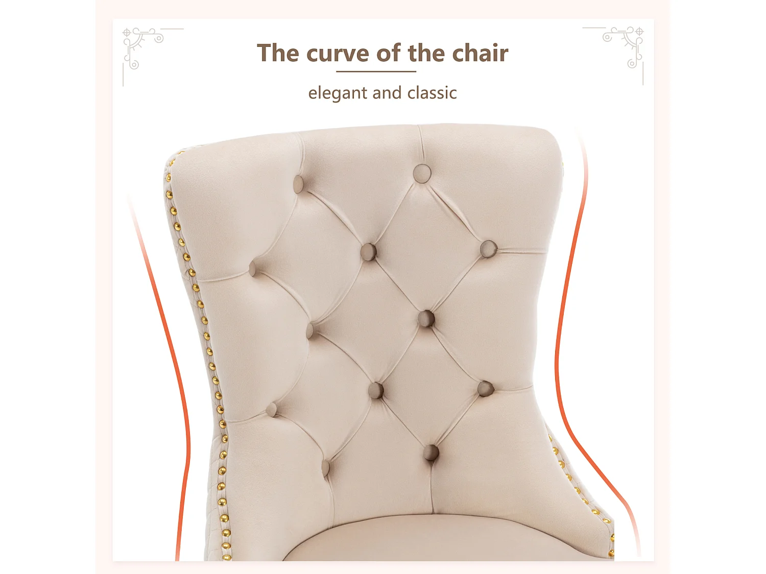 Set di 4 sedie da pranzo, Haise imbottite con finiture a borchie, gambe di supporto in acciaio inossidabile dorato, rivestimento in velluto, 45x50,5x95 cm, beige