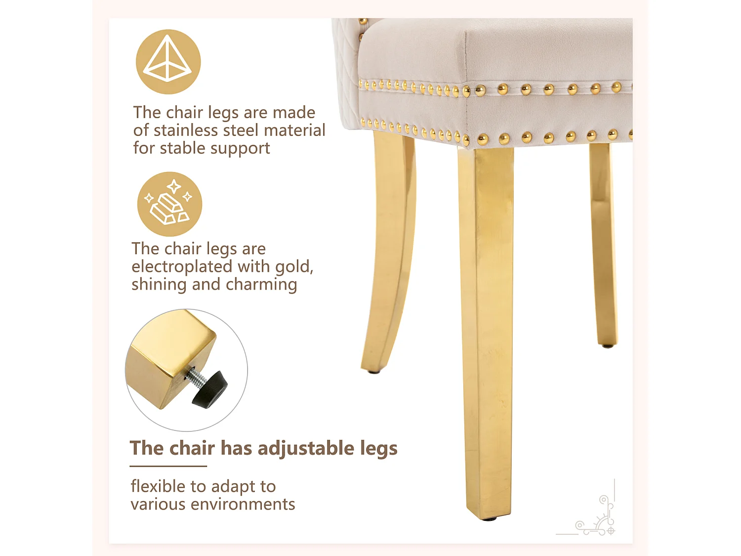 Set di 4 sedie da pranzo, Haise imbottite con finiture a borchie, gambe di supporto in acciaio inossidabile dorato, rivestimento in velluto, 45x50,5x95 cm, beige